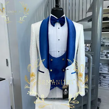 2023 Последни дизайни Мъжки костюми Слонова кост жакард шал ревера младоженец сватба смокинги (яке + панталони + жилетка) 3 броя костюми блейзър комплекти