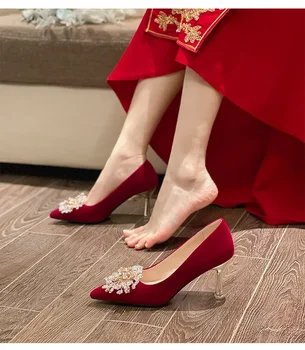 31-43 Дамски червени сватбени обувки Булчински обувки на висок ток Stiletto Дамски помпи