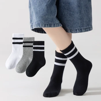 5 чифта/лот 3-15 години чорапи пролет и есен деца момчета и момичета твърди бели спортни чорапи двойна ивица памук студент тийн чорапи