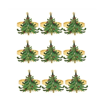 9Pcs зелени Chirstmas дърво салфетка пръстени, златни пръстени, проектирани с червено и бяло диамант за Коледа трапезария маса