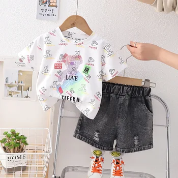 Baby Boy Летни дрехи от 18 до 24 месеца Карикатура Тениски с къс ръкав Върхове и дънкови шорти Анцузи за детски момчета Outfit Set