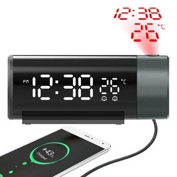 Fanju двоен будилник LED проектор термометър бюро спалня нощно легло 180 ° въртене проекция цифрови дрямка часовници USB такса