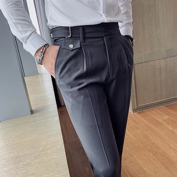 Luxury Men Pant Business Four Season Belt Buttoned Calf Hombre Casual Straight Pantser Pant For Man Pantalon De Vestir
