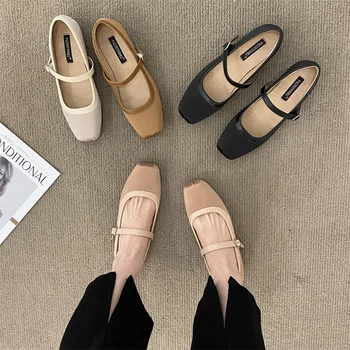 NEW френски стил класически катарама каишка балет обувки жени квадратни пръсти прости жени апартаменти елегантен Валентин обувки