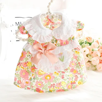 Pet Dog Clothes Flower Maid Dress for Dogs Clothing Cat Small Floral Print Bowknot Cute Thin Spring Summer Girl Pink Chihuahua