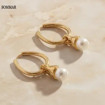 SOMMAR Hot Selling 18KGP Позлатено Момиче висящи обеци имитира перли обеци за жени bijoux жени