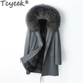 Tcyeek Модни якета Мъжко облекло Топло разглобяема лисица Fur Liner Parka Men Зимно истинско кожено палто Корейска лисица кожена яка 2023