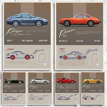 Vintage Supercars Спецификации Ferrari Porsche Racing Произведения на изкуството Плакат Платно Живопис Отпечатъци Стенно изкуство за хол Момчета Домашен декор
