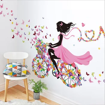 велосипед цвете фея тапет декор момиче елф пеперуда декорация спалня дома интериор стикери начало декорация аксесоари