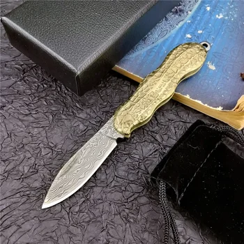 Дамаск Стоманено острие Месингова дръжка Сгъваем джобен нож Открит лов Полезни ножове Мини тактически нож Инструмент за самозащита