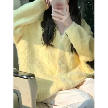 Дамски пуловер яке жилетка корейски нов жълт сладък v-образно деколте мека плета жилетка моден стил еднореден дълъг ръкав отгоре