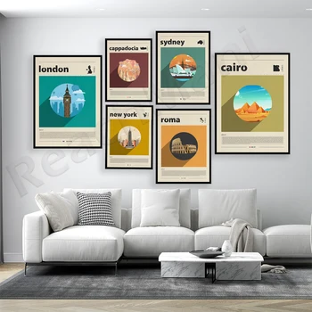 Египет Кайро, Рим, Ню Йорк, Лондон, Дубай, Турция Кападокия, плакати за пътуване в Сидни, подаръци за дома от средата на века