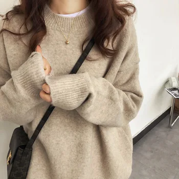Есен и зима дамски дрехи пуловер пуловер корейска мода прост плътен цвят кръг врата хлабав плета пуловер топъл пуловер