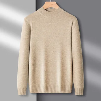 Есен и зима мода прост половин високо врата удебелени топло плътен цвят плета пуловер с кашмир мъжки долен пуловер M-3XL