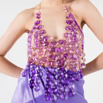 Женски секси фентъзи пискюли оглавник кристал Y2K мода капково лилаво сутиен тялото верига сбруя за нощен клуб