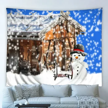 Зима Честита Нова Година Гоблен Коледа Снежен човек Страна Стара дървена къща Сняг сцена Стена висящи плат спалня празник декор