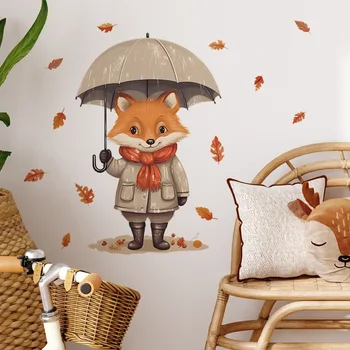 карикатура лисица чадър кленов лист спалня хол веранда декорация на дома стена стикери едро хол декорация