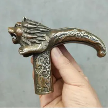 Китайски стар бронзов ръчно издълбани лъв статуи антични тръстика ходене пръчка главата