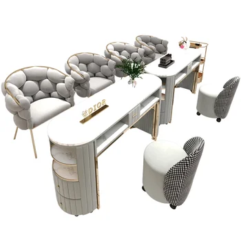 Комплект маса и стол, лека луксозна декорация на салон за нокти, мраморна единична и двойна маса за нокти