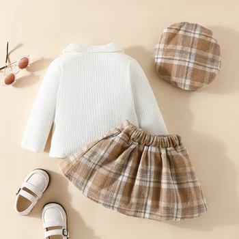 Малко дете бебе момиче есен зимна пола комплект дълъг ръкав пуловер риза върховете и карирана бутон пола рокля 2бр екипировки
