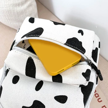 Мини платно Daypack с плюшени висулка крава печат раница за жени дама момичета открит пътуване пазаруване