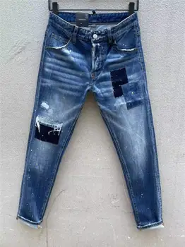 Мъжка модна тенденция High Street Punk стил спрей живопис деним плат панталони тънък годни случайни дупка дънки C009