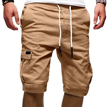 Мъжки къси карго панталони летни случайни плътен цвят мулти-джобове шнур коляното дължина шорти мода хлабав джогър спортни шорти