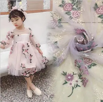 Нова дантелена рокля мрежеста материя многоцветна детска бродирана тъкан