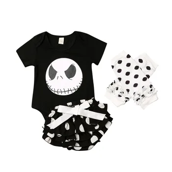 Новородено бебе бебе момиче Хелоуин дрехи комплекти 3PCS къс ръкав гащеризон волан шорти панталони + крака нагреватели