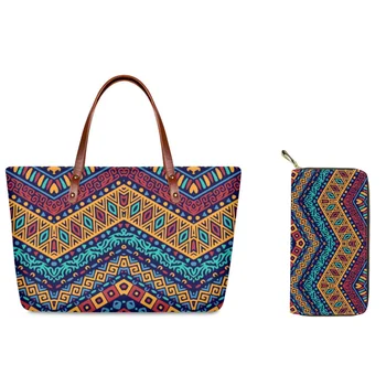 Оригинален реколта модел голям капацитет Totes кожа портфейл комбо племенни геометричен дизайн мода тенденция дами чанти