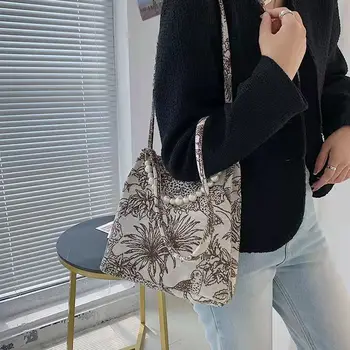 Перлена кофа рамо чанти за жени цвете модел бродерия артистични 2021 Есен Нов дизайнер Casual All-Match Cross-Body чанта