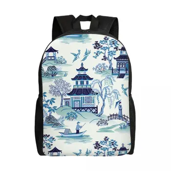 Персонализирана Chinoiserie Pagoda Blue Antique Willow Ware раница Мъже жени Casual Bookbag за училище колеж ориенталски стил чанти