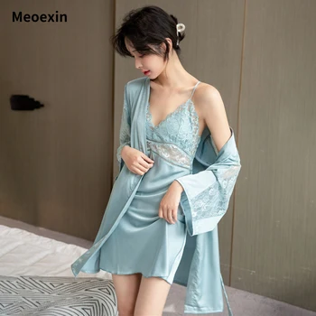Пролет Лято Секси пижами Дамски лед коприна тънък стил спална рокля две части комплект гръб дома облекло дама роба рокля комплекти
