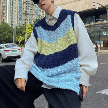 Пуловер жилетка мъжки мода случайни плътен цвят плета пуловер мъже корейски хлабав кръг врата пуловер жилетка мъжки пуловер дрехи A41