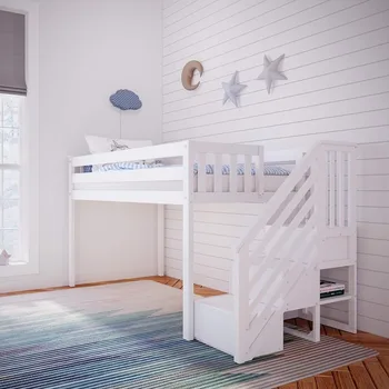 Рамка с две единични легла за деца със стълби ниско таванско легло бели детски мебели