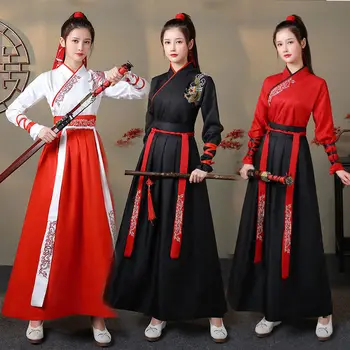 Унисекс възрастен боен стил ханфу женски традиционен китайски облекло кръстосана яка Хан костюм мъжки древен косплей двойка костюм