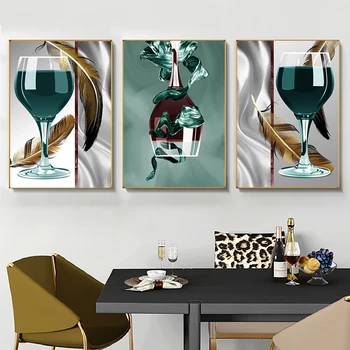 Чаша за вино с отпечатъци от пера Картини Абстрактна трапезария Кухненска декорация Плакати Модерна картина за стена Cuadros