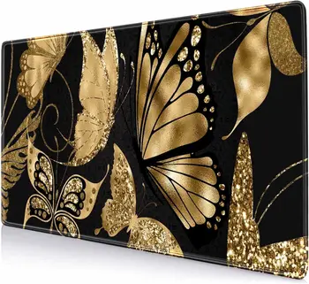 Черно и златно бюро Мат 35.4x15.7 в XL XXL Gaming Голяма подложка за мишка Неплъзгаща се гумена основа Deskmat Butterfly Gold Glitter Foil Art