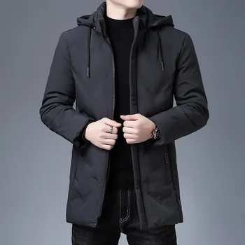 Черно мъжко облекло Най-високо качество нова марка качулка случайни мода дълго сгъстяване връхни дрехи парки якета зимни ветровка палта