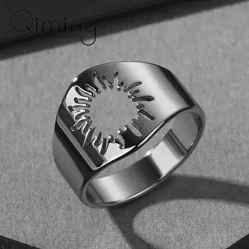 Широка лента слънчева слънце печат пръстени за жени женски неръждаема стомана Boho бижута корейски прост слънчоглед пръст пръстен