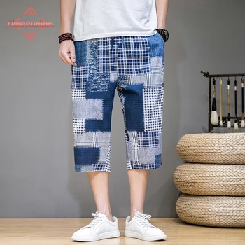 Японски летни ежедневни шорти мъже хладно и удобно лед коприна случайни панталони мода реколта печат теле дължина панталони